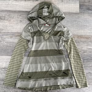 Vtg Y2K Juniors UnionBay Sweater Green Striped V Neck Hoodie Layered Thermal